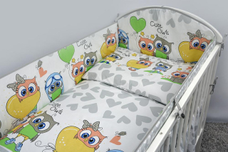 3-dílná sada do dětské postýlky Sovy a srdíčka 120x90cm, šedá